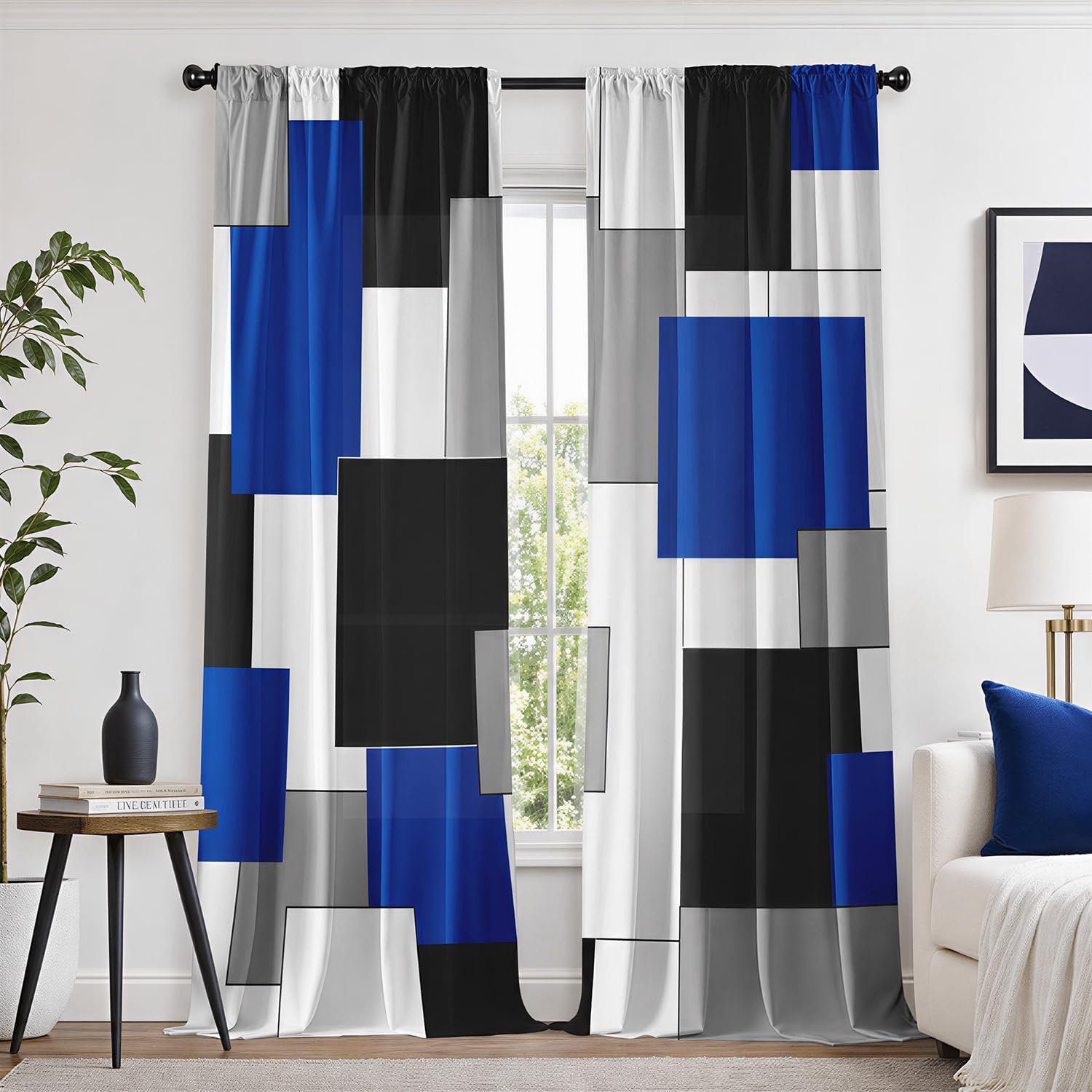 Blue and Black Curtains for Living Room 84 Length Geometry Curtains Modern White Blue Abstract Rod Pocket Curtain for Bedroom Kitchen Room Window Drapes 2 Panels