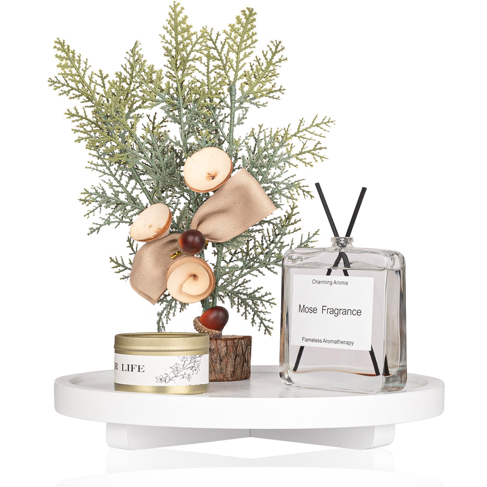 Decorative Tray Wood Coffee Table Decor Farmhouse Round Counter Organizer Holder Vintage Candle Pedestal for Kitchen, Bathroom, White