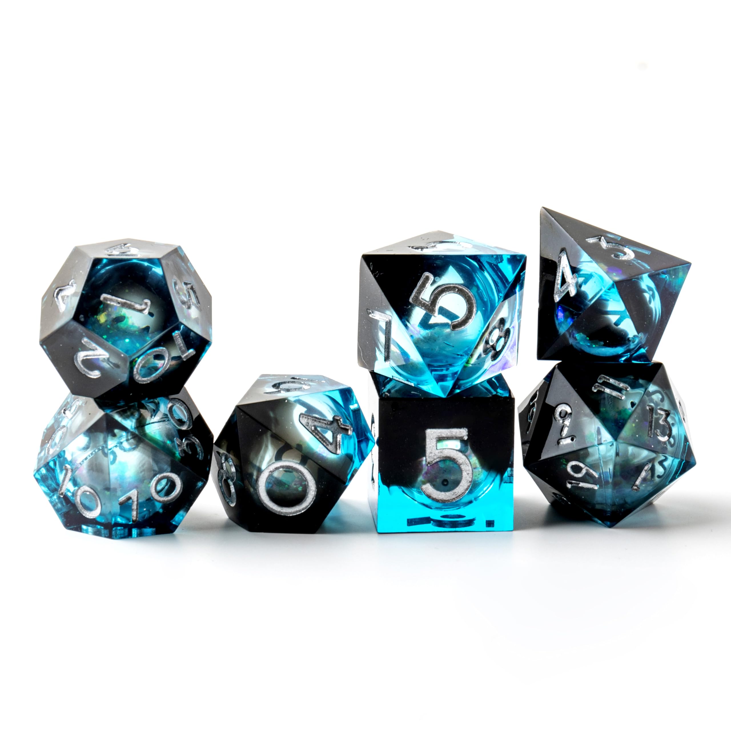 Liquid Core - Juego de dados DND, 7 dados de resina con bordes afilados para Calabozos y Dragones, dados poliédricos RPG D&D hechos a mano, juego de dados para juegos de rol D20 D12 D10 D8 D6 D4 con