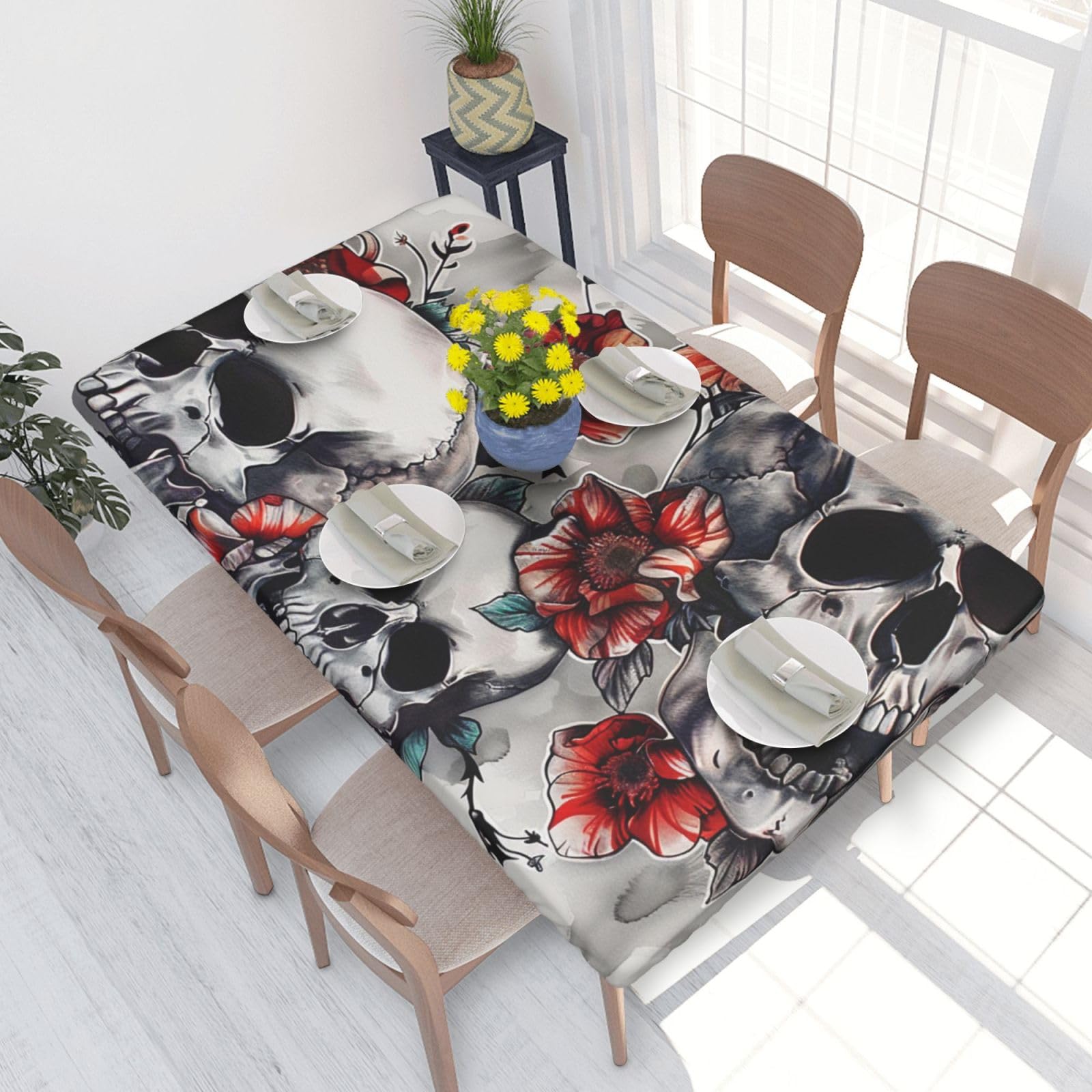 DCARSETCV Skull and Flower Printed 4FT Waterproof Tablecloth with Elastic Edged Protect & Decor Your Table, Oil-proof Washable Table Cloth Cover for Dinner Picnic Party