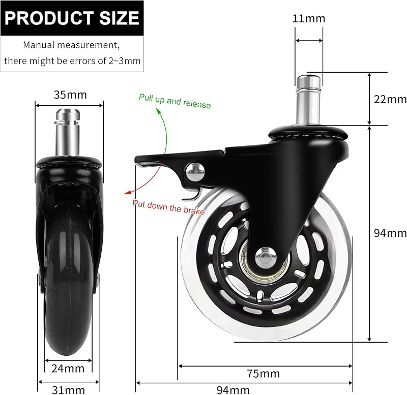 YAOBLUESEA Irodai Szék Görgők 5db - 11x22mm Univerzális Csendes Padlóvédő Kerekek 75mm - Parketta, Laminált Padló Kompatibilis Forgószék Alk