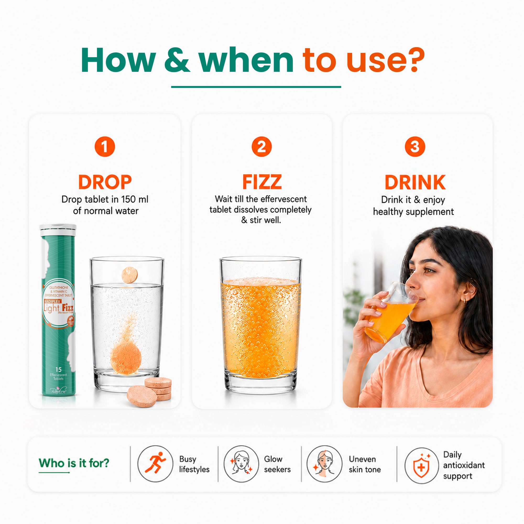 Light Fizz | L-Glutathione 600mg & Vitamin C 1000mg | Effervescent Tablets for Skin Brightening, Antioxidant Support & Anti-Pigmentation | Sugar-Free | Orange Flavor | 15 Tabs — Amazon image 5