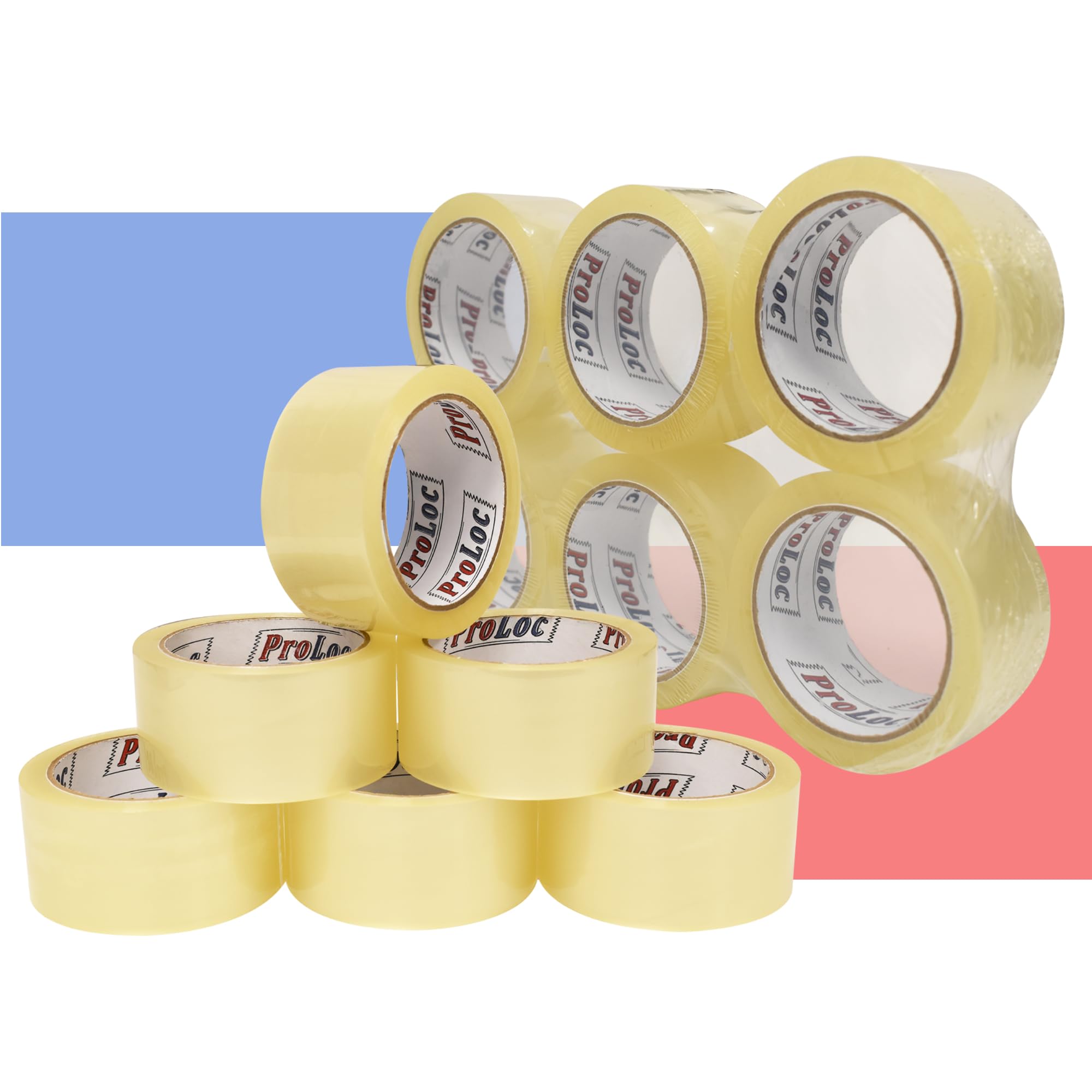 ProLoc Low Noise Packaging Tape (48mm x 66m) - Pick Colour & Qty - 2 inch Wide Strong Multipurpose Packing Tape with Secure Seal & Silent Unwind for Packing Boxes & Moving House (Clear, 12 Rolls)