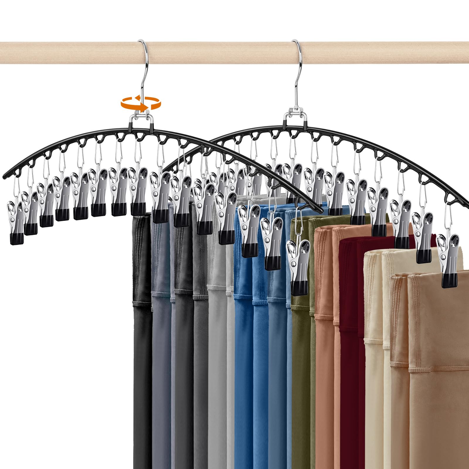HONZUEN Trouser Hangers with Clips, 2 Pack Clothes Hangers for Wardrobe Storage, Pants & Skirt Storage, Space Saving Design, 30 Clip Black — image 1