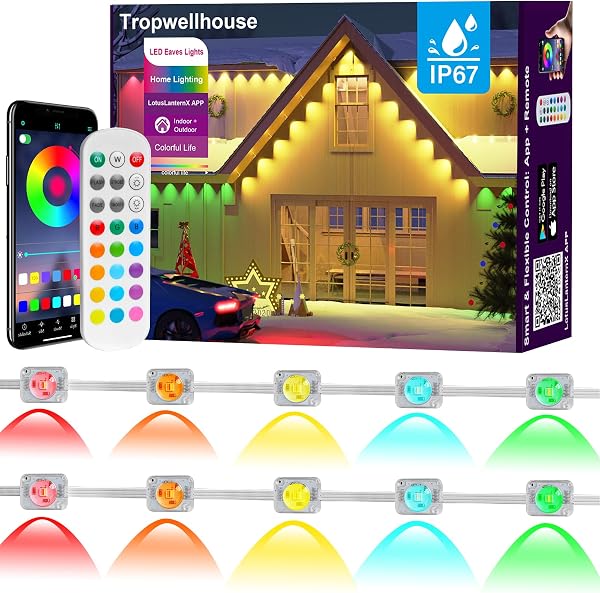 Tropwellhouse Permanent Outdoor Lights 100FT with 48 RGB LED Eaves Lights, Smart App & Remote Control, IP67 Waterproof,