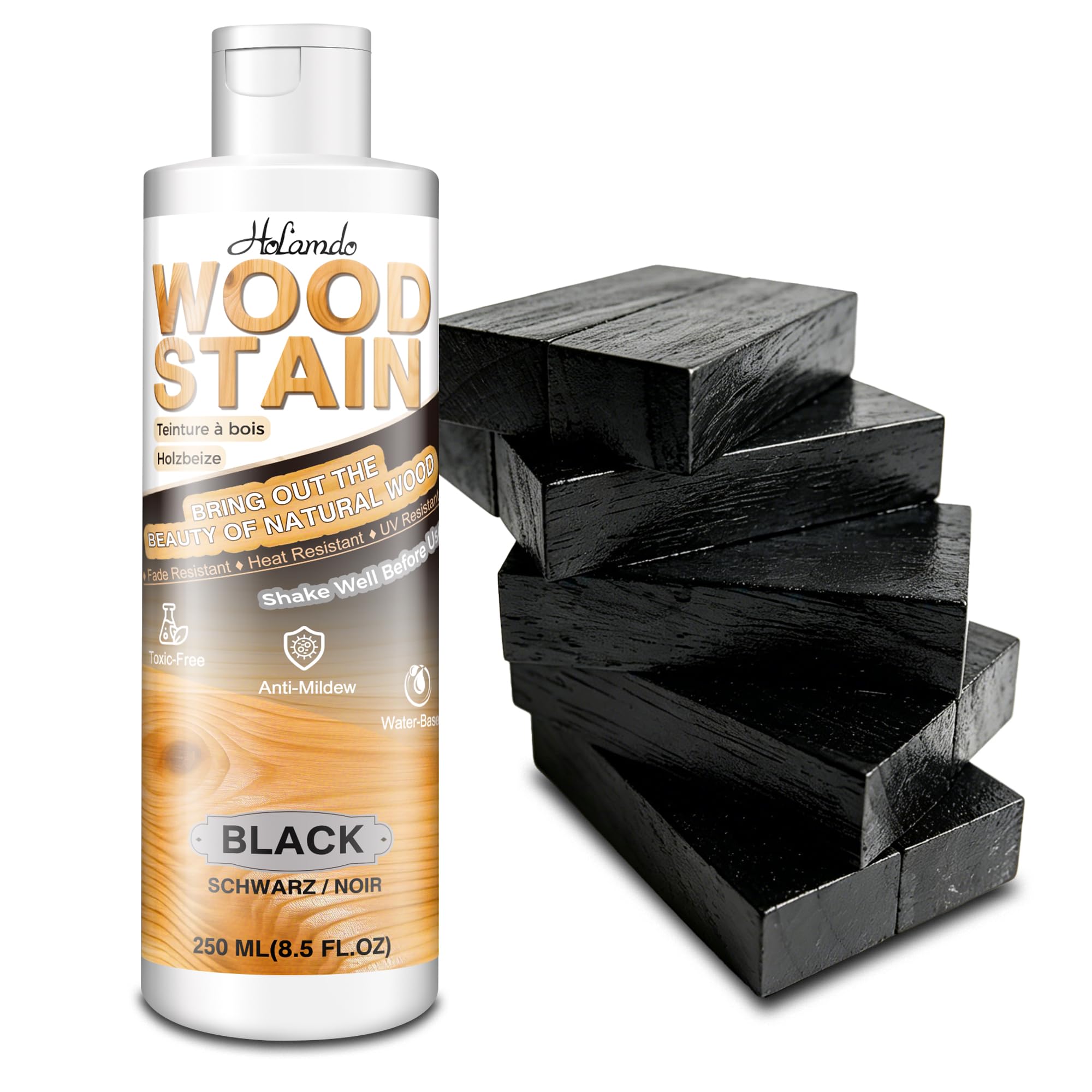 Water Based Wood Stain 250ml, Black – Indoor Outdoor Furniture Stain & Wood Varnish for Doors, Windows, Paneling & Cabinets, Low Odor Non-Toxic, Fade Resistant, Multiple Finishes