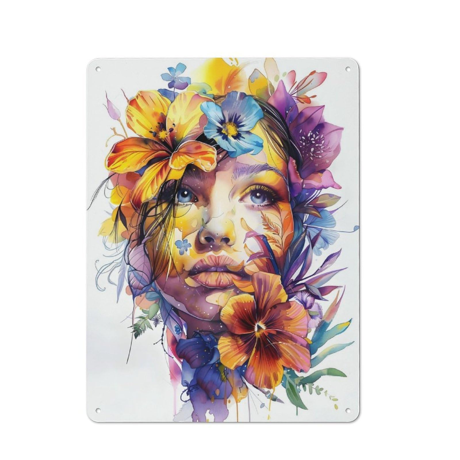 Flowers Woman Watercolor Metal Wall Plaque 40x30cm, Everyday Small Space Decor for Flat, Dorm Room, Lounge Or Cafe