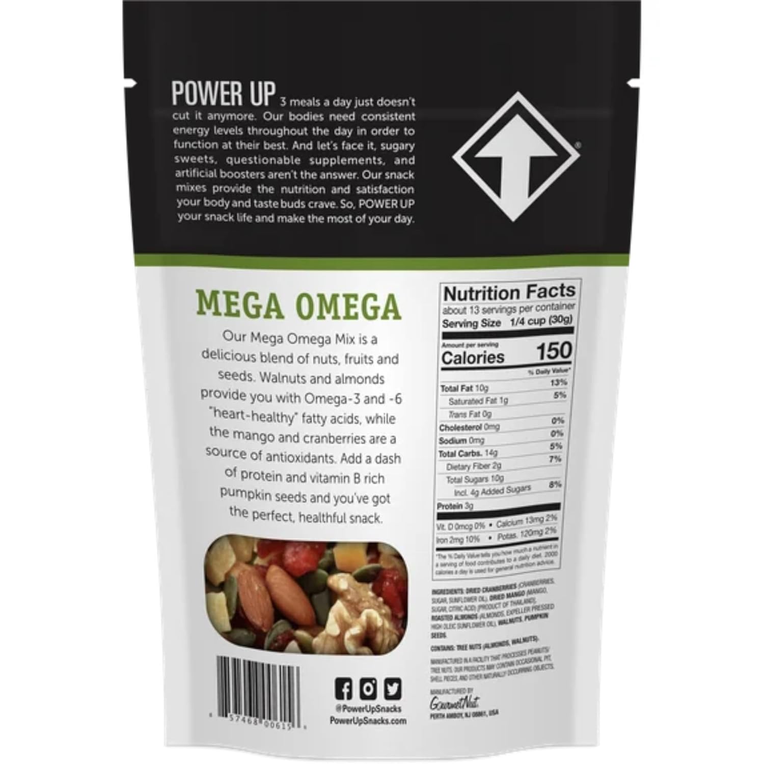 Power-Up Mega Omega Trail Mix – Perfect Kosher Snack Mix with Walnuts, Dried Mango, Almonds, Cranberries & Pumpkin Seeds – Gluten-Free, Non-GMO – 28 oz (2 Pack 14 oz Resealable Bag)