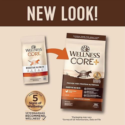 Miniatura 3 de Wellness CORE+ - Alimento seco para gatos adultos para interiores y exteriores, granos integrales, natural, salud digestiva con pollo y arroz (bolsa