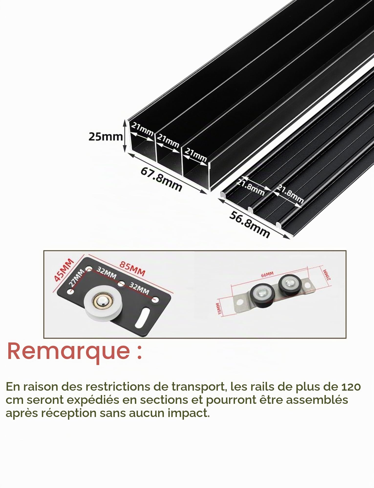 Rail de porte coulissante à 3 voies for porte de 0.6 à 0,7 pouces d'épaisseur, Kits de quincaillerie for porte de garde-robe coulissante, for armoire, placard(180cm/5.91ft)