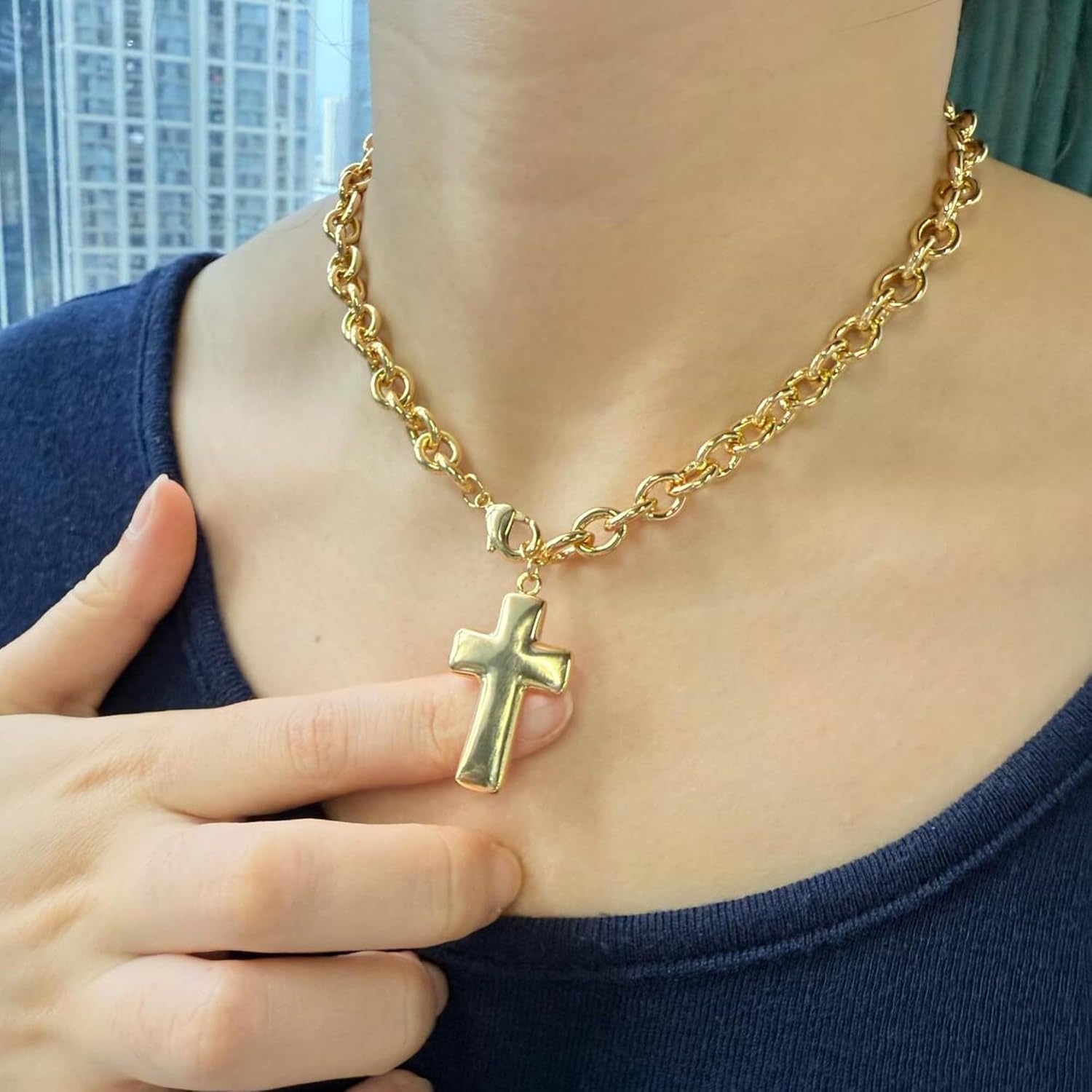 18k Gold Chunky Cross Necklace for Women Hammered Cross Choker Necklaces Bold Statement Necklace Trendy Jewelry - Image 2
