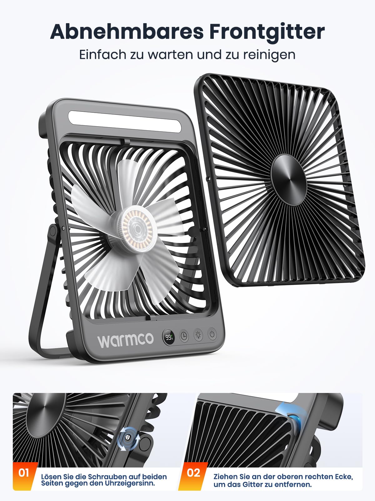 Warmco D4 Pro Camping Ventilator 20000mAh, 18W Laden, 22,5W Ausgang | 48 Std. Laufzeit, 8H Timer, LED-Licht & Haken, Leiser Ultraflacher Ventilator Für Zelt, Schlafzimmer, Wohnmobil