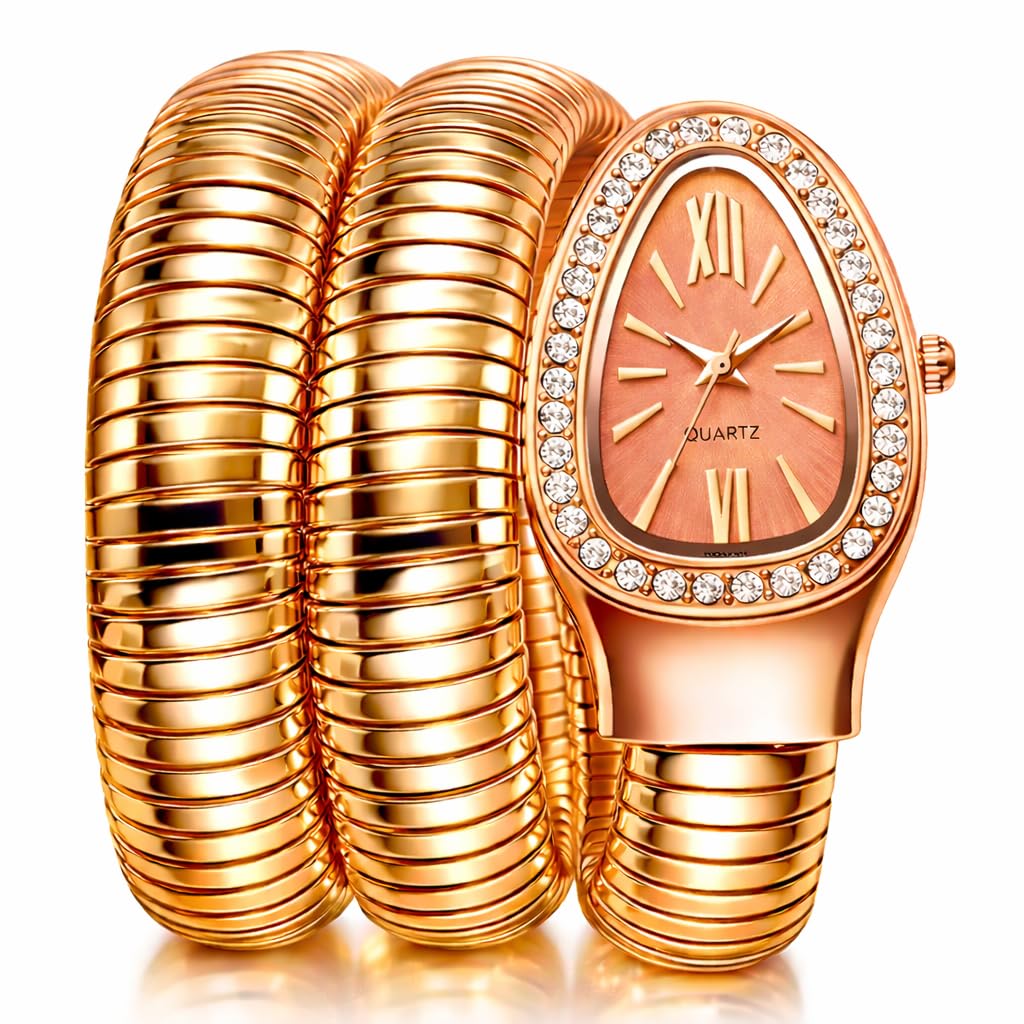 ALNA-TURA Rose Gold Stylish Serpentine Wrap Watch for Women | Crystal Studded Oval Dial Quartz Wrist Watch | Snake Coil Bracelet Style Fashion Watch for Party, Wedding & Festive Bracelet ALNA-TURA Rose Gold Stylish Serpentine Wrap Watch for Women | Crystal Studded Oval Dial Quartz Wrist Watch | Snake Coil Bracelet Style Fashion Watch for Party, Wedding & Festive Bracelet