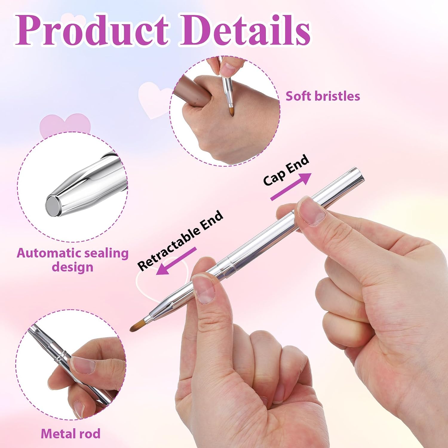 Lip Brush for Lipstick, Dual Ended Retractable Lip Brush with Lid, Silver Portable Eyeshadow Concealer Lipstick Brushes Portable Makeup Brushes Set for Travel Daily Use