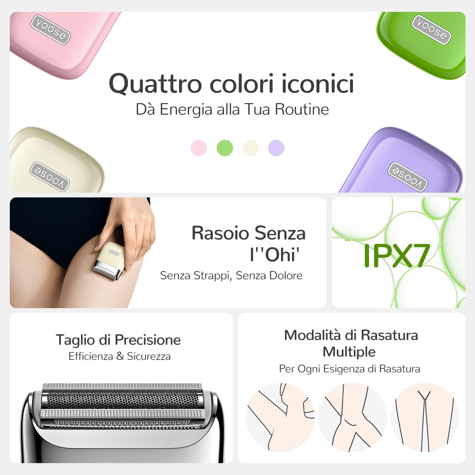 Yoose rasoio elettrico donna, corpo in ABS IPX7 depilatore corpo donna (ricarica USB-C, pettine per trimming, molteplici modalità di rasatura), regolo portatile (Verde)