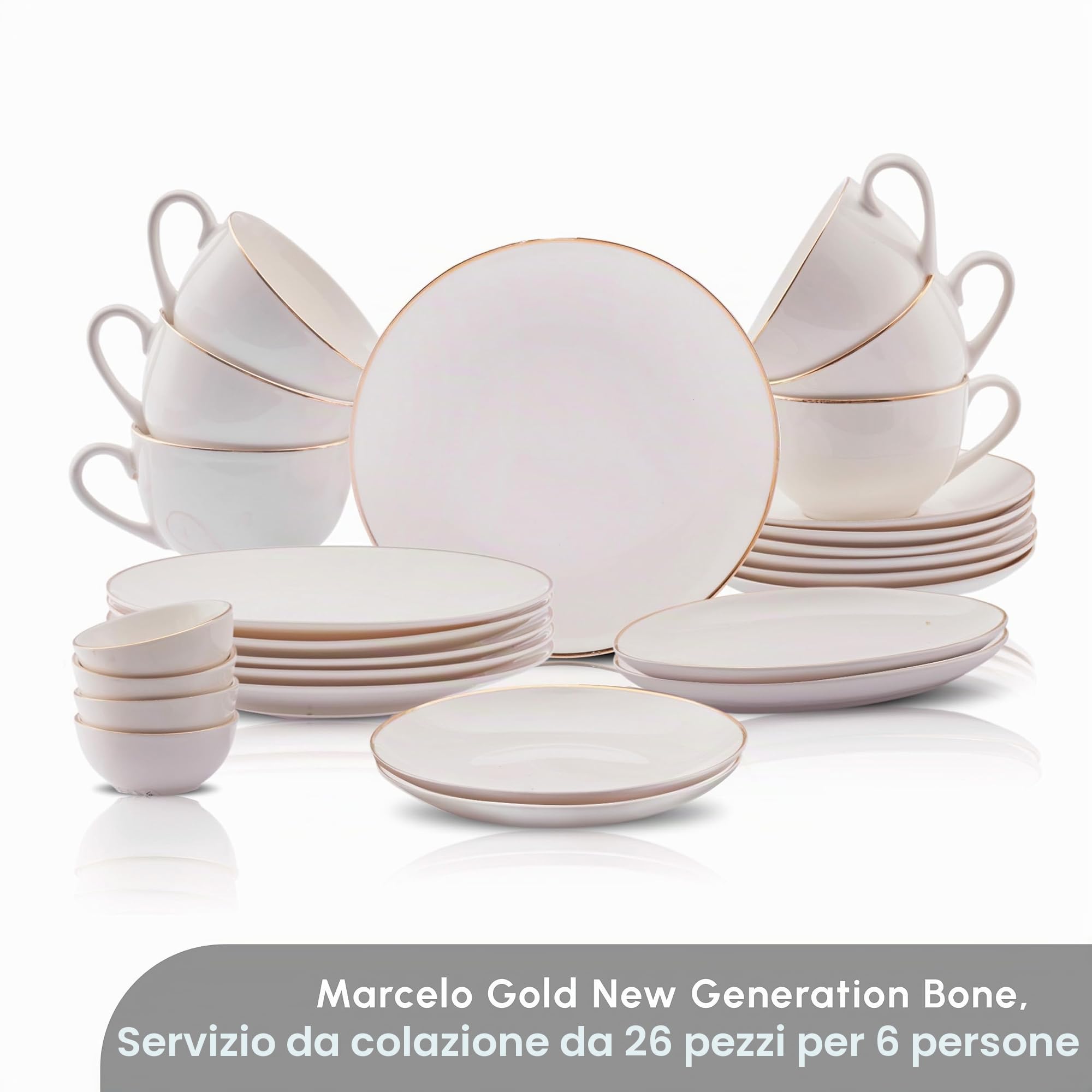 Karaca Marcelo Gold - Set da colazione per 6 persone, set da 26 pezzi con piatti e ciotole, set di stoviglie rotonde e set da tavola in oro bianco