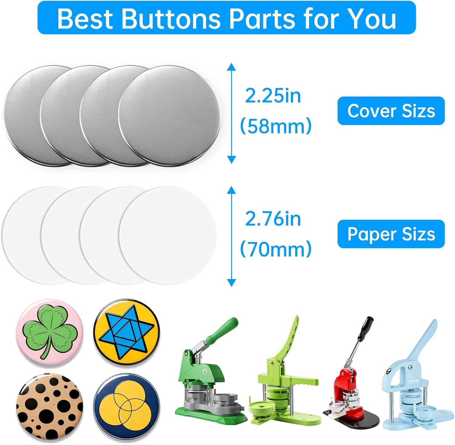 100 Sets Button Maker Supplies 58mm/2.25in，Button Parts for Fridge Magnet Button Maker Machine，Including Metal Cover, Metal Back Cover, Clear Film, Blank Paper, Soft Magnet