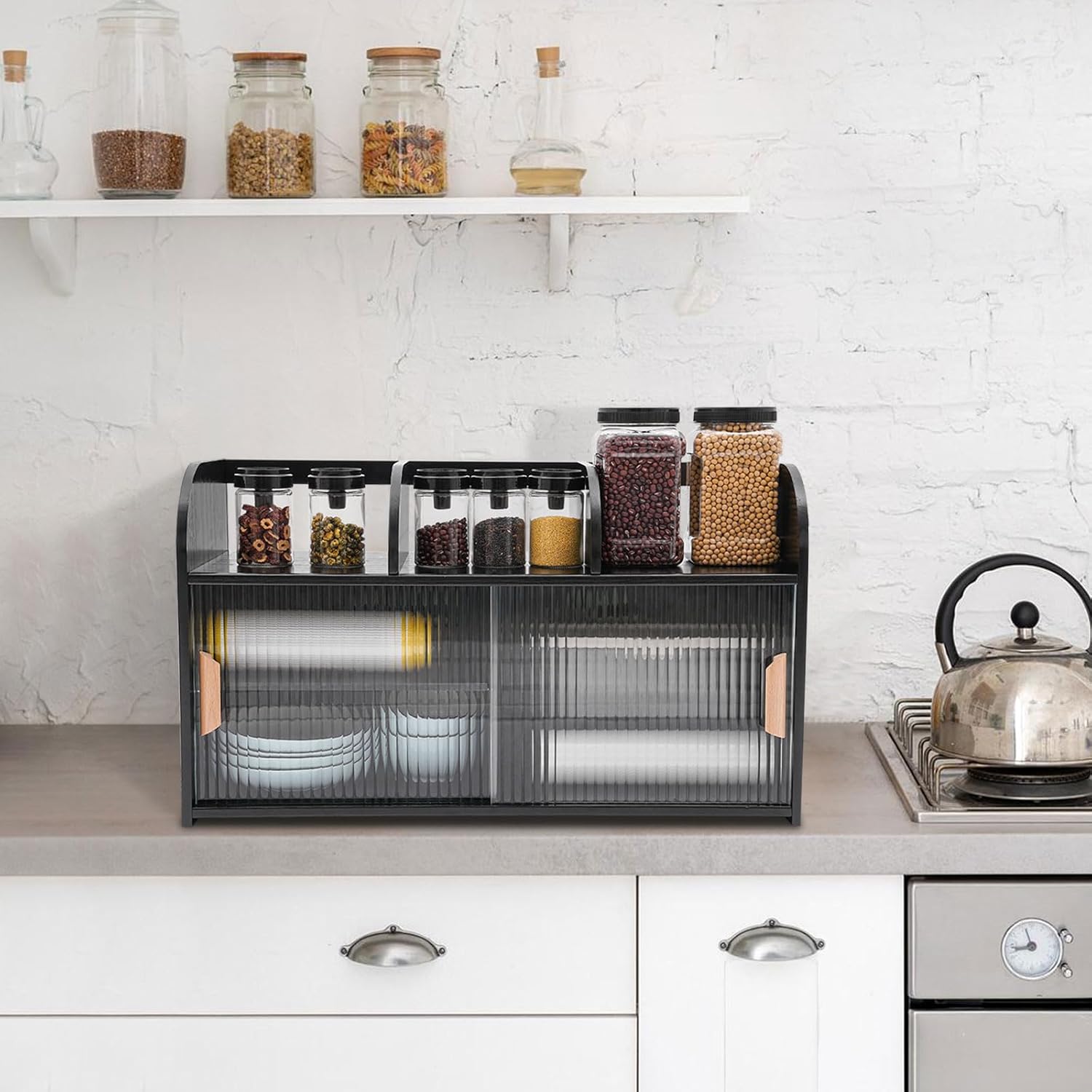 Kitchen Countertop Cupboard, Wood Storage Cabinet with 2 Sliding Glass Doors, Freestanding Pantry Sideboard for Bottles Dish Bowl Organizer, Black