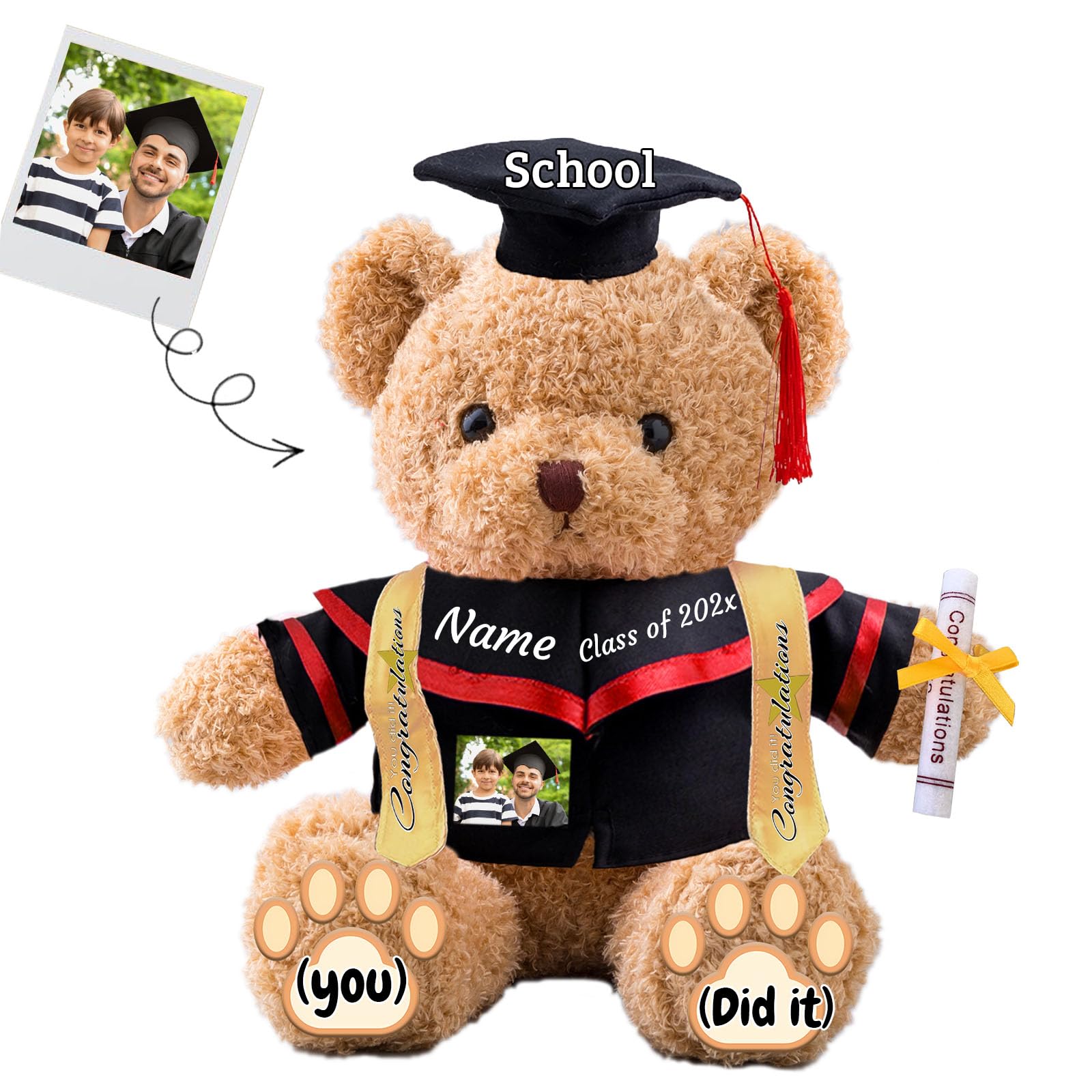 JABECODIFA Graduation Teddy Bear with Text+Photo, Personalised Bear Stuffed Animal as 2026 Graduation Gift for Him/Her as High School Kindergarten College Grad Gift 2026 (16 IN-Text+Photo)