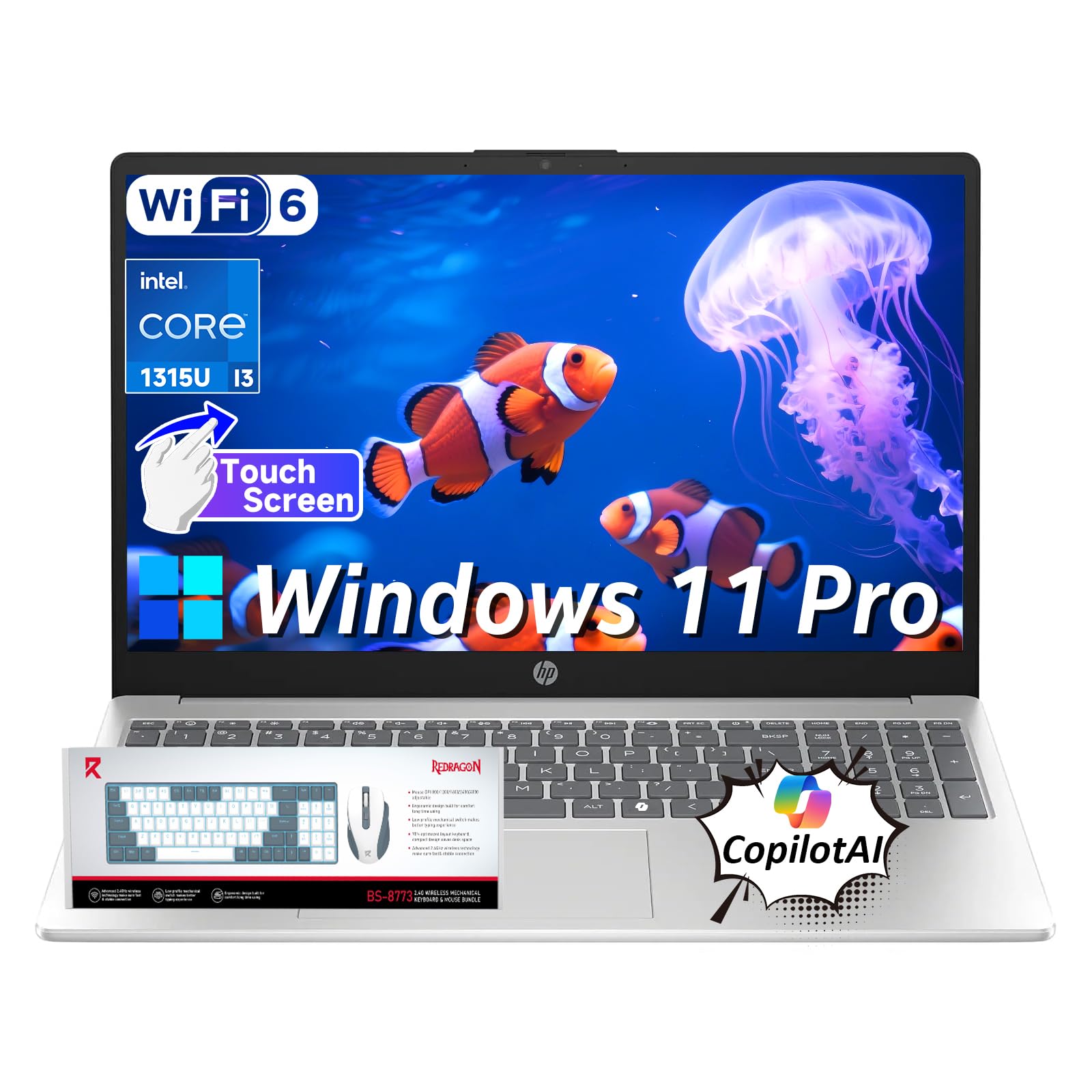 15.6" Touchscreen Laptop 2026, 13th Gen Intel i3-1315U(Up to 4.5GHz), 15.6 inch Anti-Glare Display, 16GB RAM + 512GB SSD, Win 11 Pro, Wi-Fi 6, AI Copilot for Business & School, Patented KB Kit