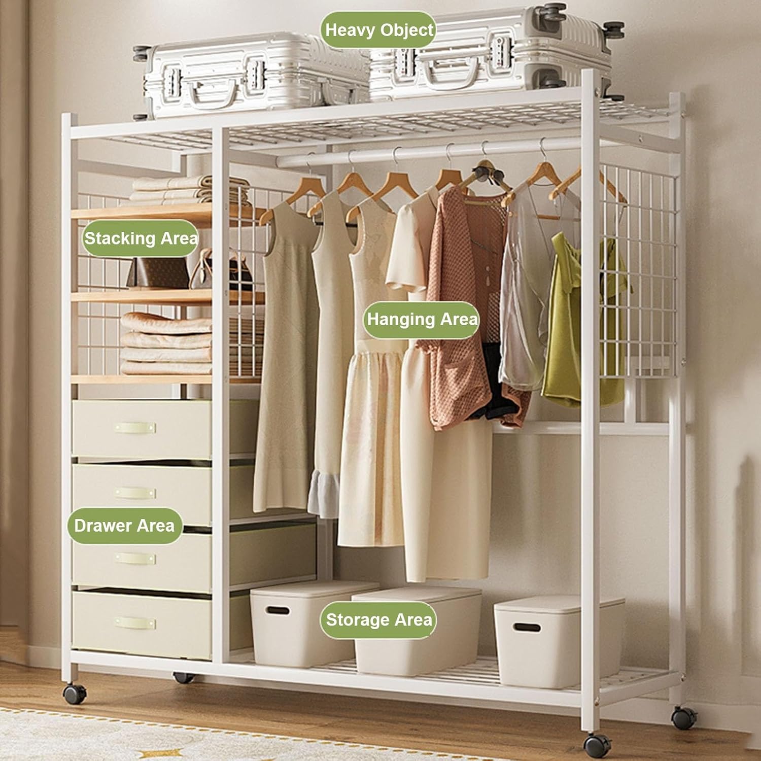 Jcgly Rolling Closet Wardrobe, Portable Closet Clothes Organizers, Metal Armoire with Hanging Rail/Drawers / 3 Tiers Storage Shelves/Dustproof Curtain(White,46x16x63inch)