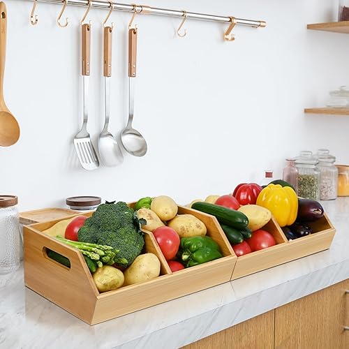 Miniatura 7 de Ollieroo Cubo de almacenamiento apilable de bambú, organizador de despensa y cestas de almacenamiento, organizador de cocina de papa y cebolla