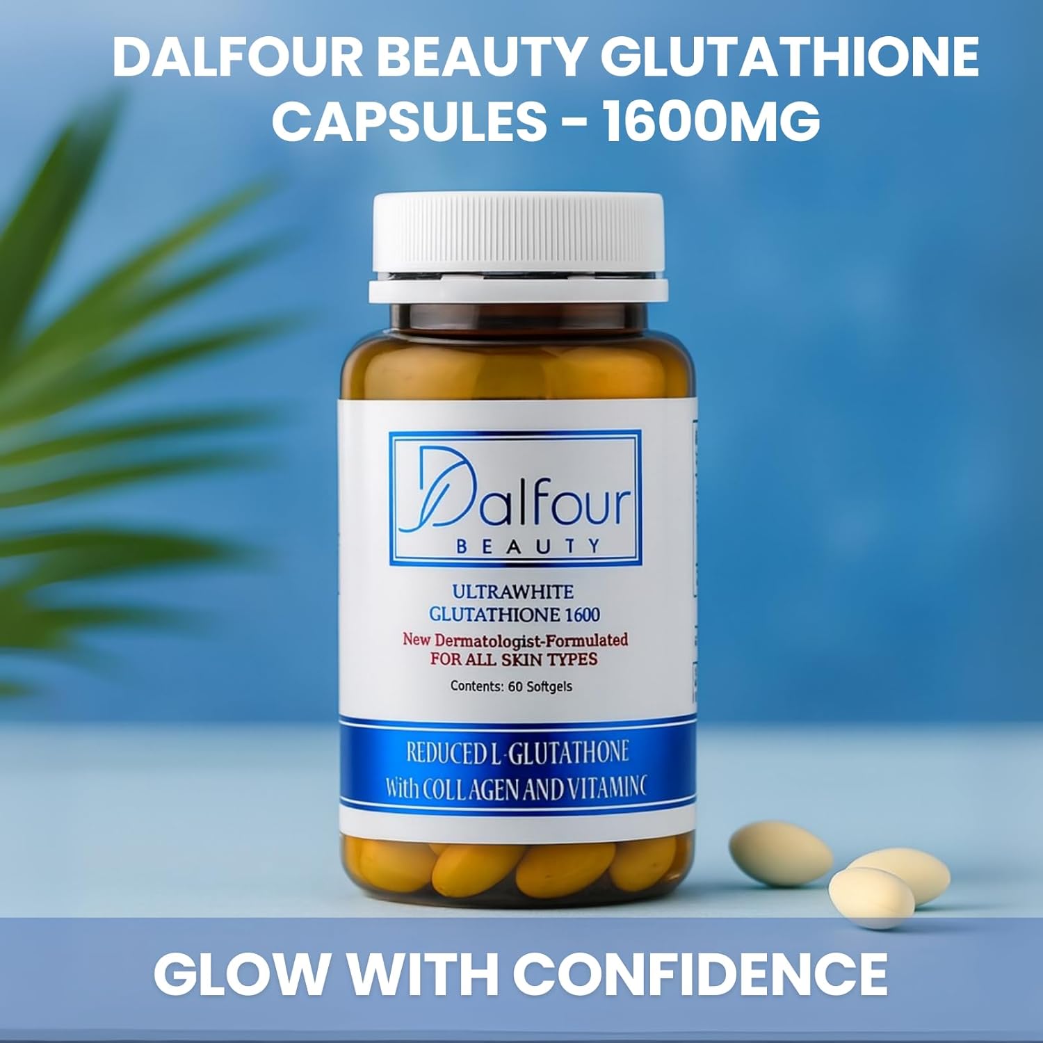 Dalfour Beauty Ultra Glutathione Capsules with Hydrolyzed Collagen & Vitamin C – 2400mg High Absorption Antioxidant Support Supplement – 1600mg Reduced L-Glutathione Per Serving - 30-Day Supply