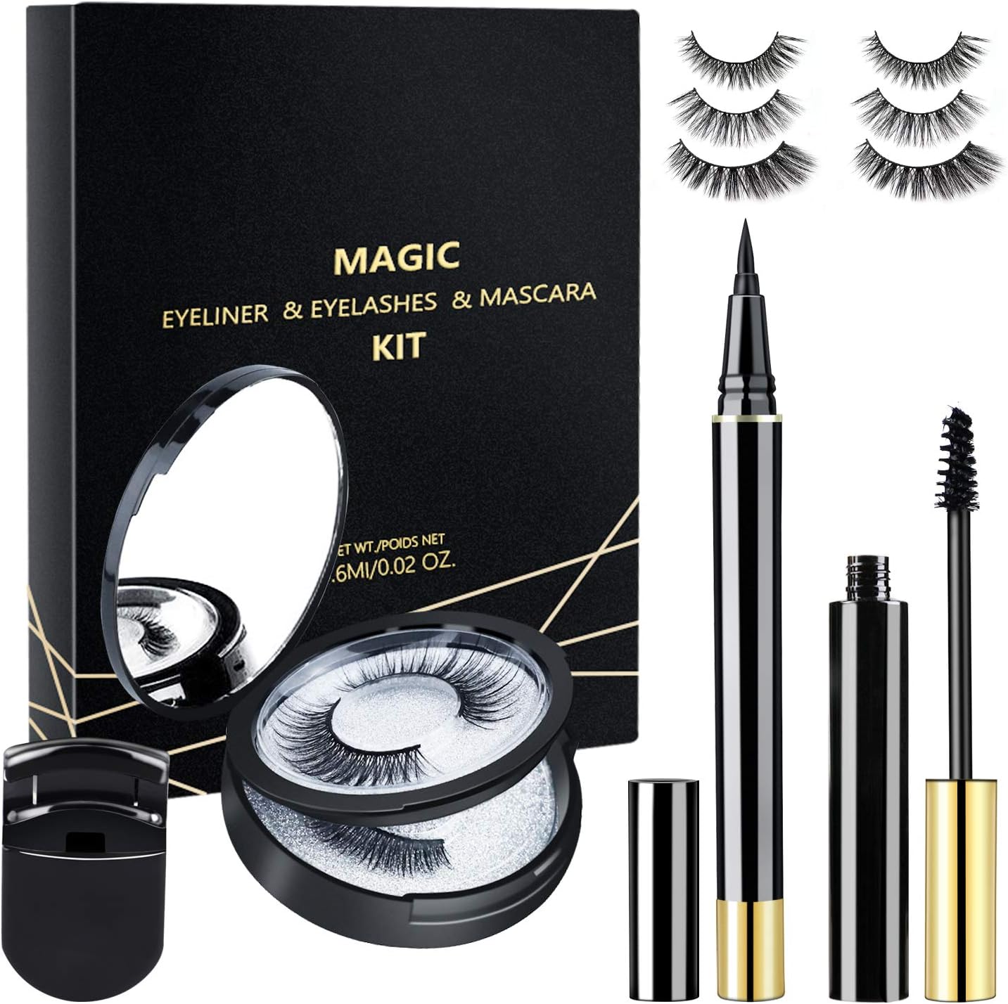 AOSHEY False Eyelashes with Eyeliner Kit,5 Pairs Full Faux Mink Eyelashes with Free Mascara Kit and Eyelash Curler - Extra Strong Hold for Lashes - No Magnet and No Glue Needed