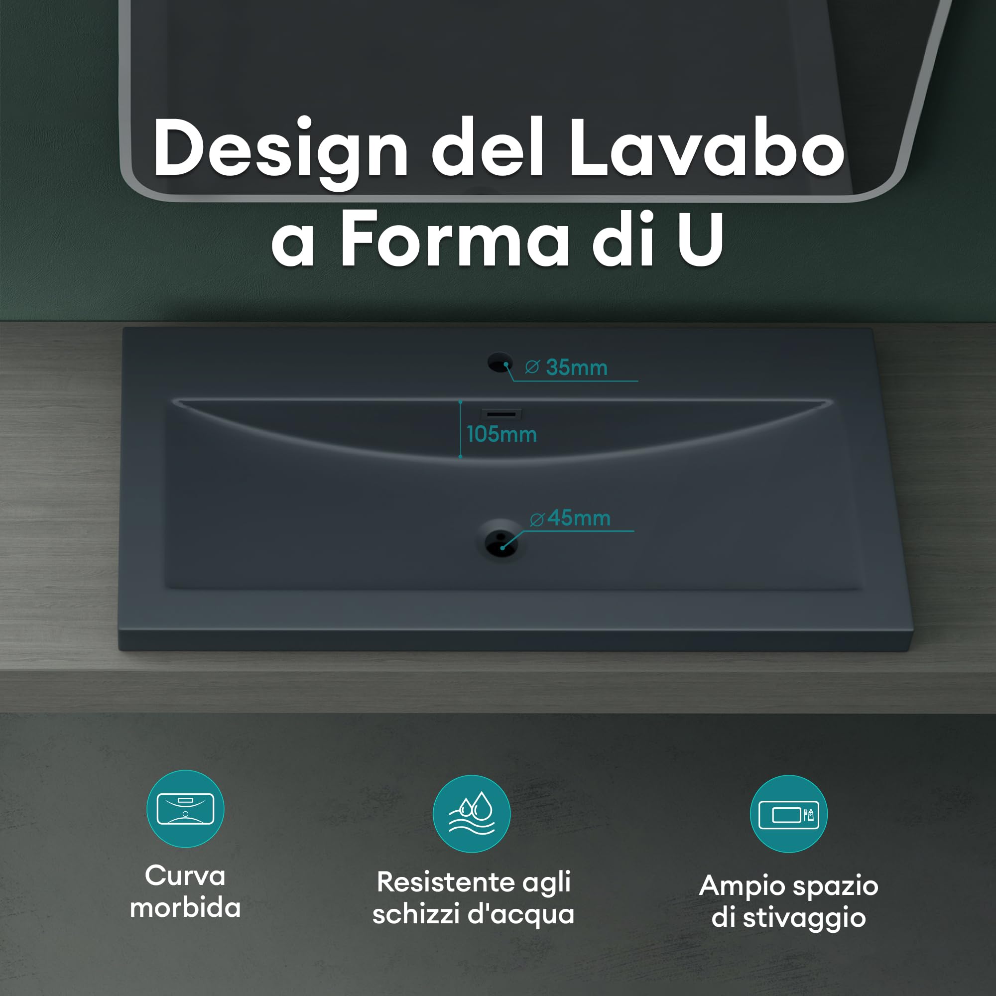 Mai & Mai Lavabo Incasso 100x48x13cm, Lavabo Sottopiano Lavandino Bagno da Marmo fuso Colossum01-1000,Antracite opaco