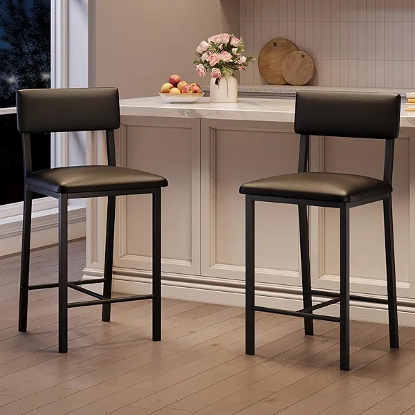 SLEKVERSA Bar Stools Set of 2, PU Leather Counter Height Bar Stools with Backrest and Footrest,Tall Bar Stool with Thick Cushion, for Dining Room, Apartment Counter Bar, Island, Black