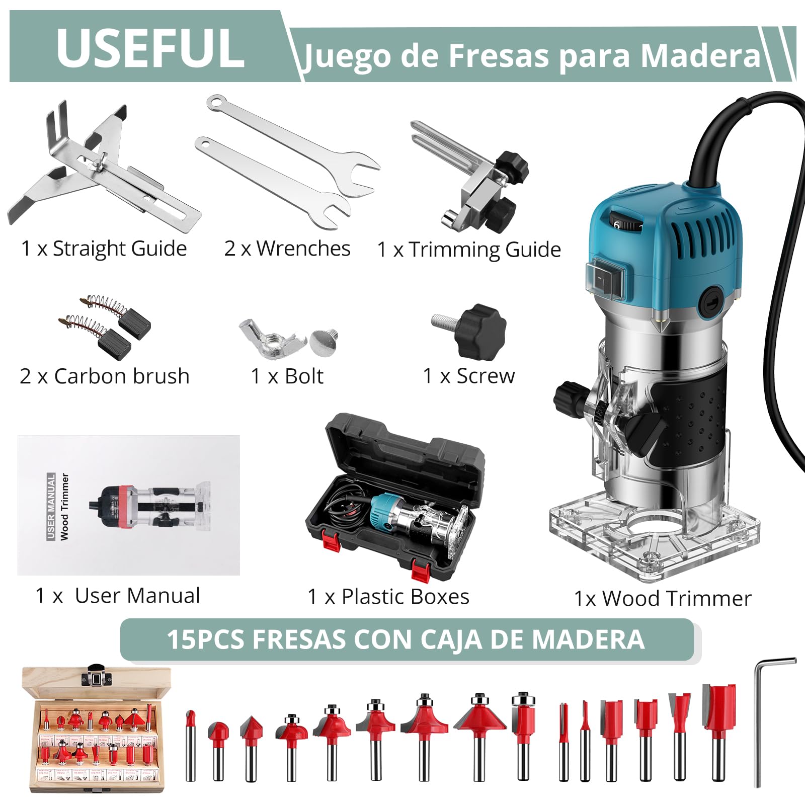 COLFULINE Juego de Fresadora de Madera Rebajadora Eléctrica 800W 30000R 6.35 mm (1/4 Inch) con 6 Velocidades Variables, con 15PCS 1/4"Juego de Brocas para Madera