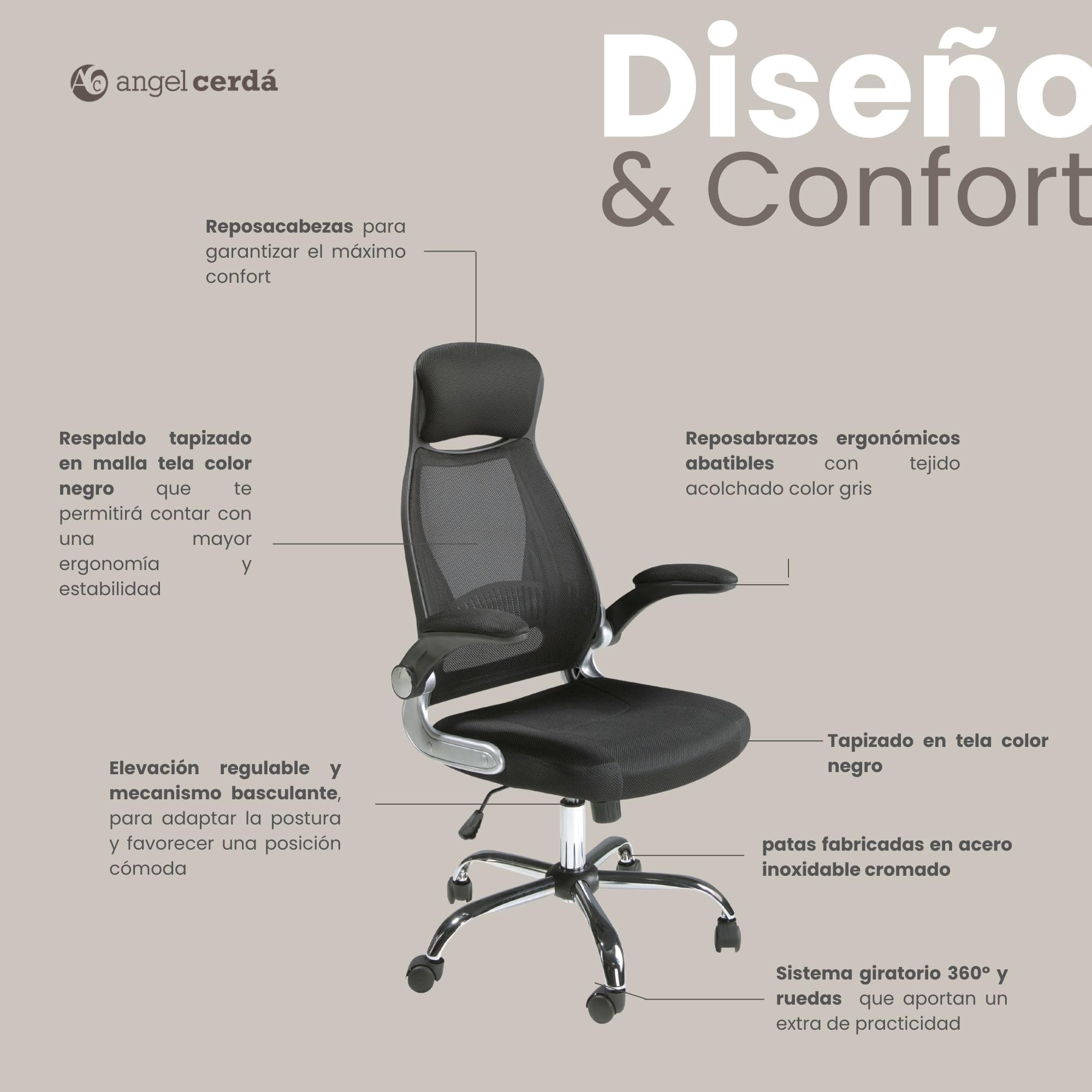 Angel Cerdá – Silla Escritorio Premium Giratoria, Tapizada en Tela Negra | Silla Escritorio Ergonomica Respaldo Ancho y Reposabrazos | Patas Acero Cromado | 66 x 62 x 117 cm