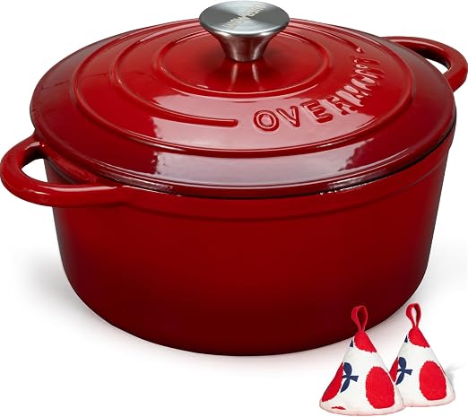 Overmont Enameled Cast Iron Dutch Oven - 5.5QT Pot with Lid Cookbook & Cotton Potholders - Heavy-Duty Cookware for Braising, Stews, Roasting, Bread Baking red