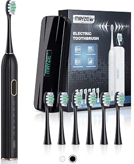 MAYZE Sonic Electric Toothbrush with 6 Brush Heads&Travel Case for Adults, One Charge for 60 Days, 3 Intensity Levels&5 Modes with 2 Minutes Build in Smart Timer, Rechargeable Toothbrushes (Black)