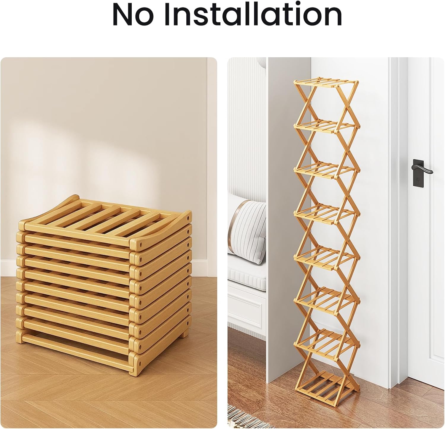 Slim Shoe Rack, Space Saving Shoe Organizer, Tall Storage Shelf for Apartment, Entryway & Hallway(Bamboo - Folding,8 Tier Standard)