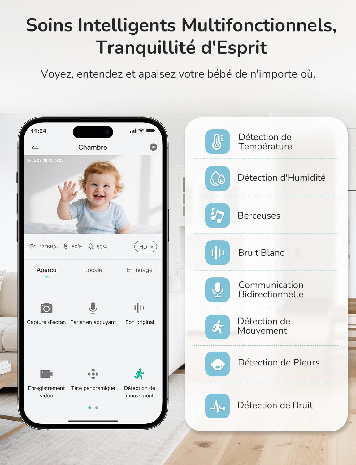 GHB Babyphone Camera 2K Camera Bebe Surveillance 5" Rotation à 350° avec Application Telephone Suivi Automatique Alertes Intelligente des Pleurs/Movements Zoom 4X Détection de Température/Humidité