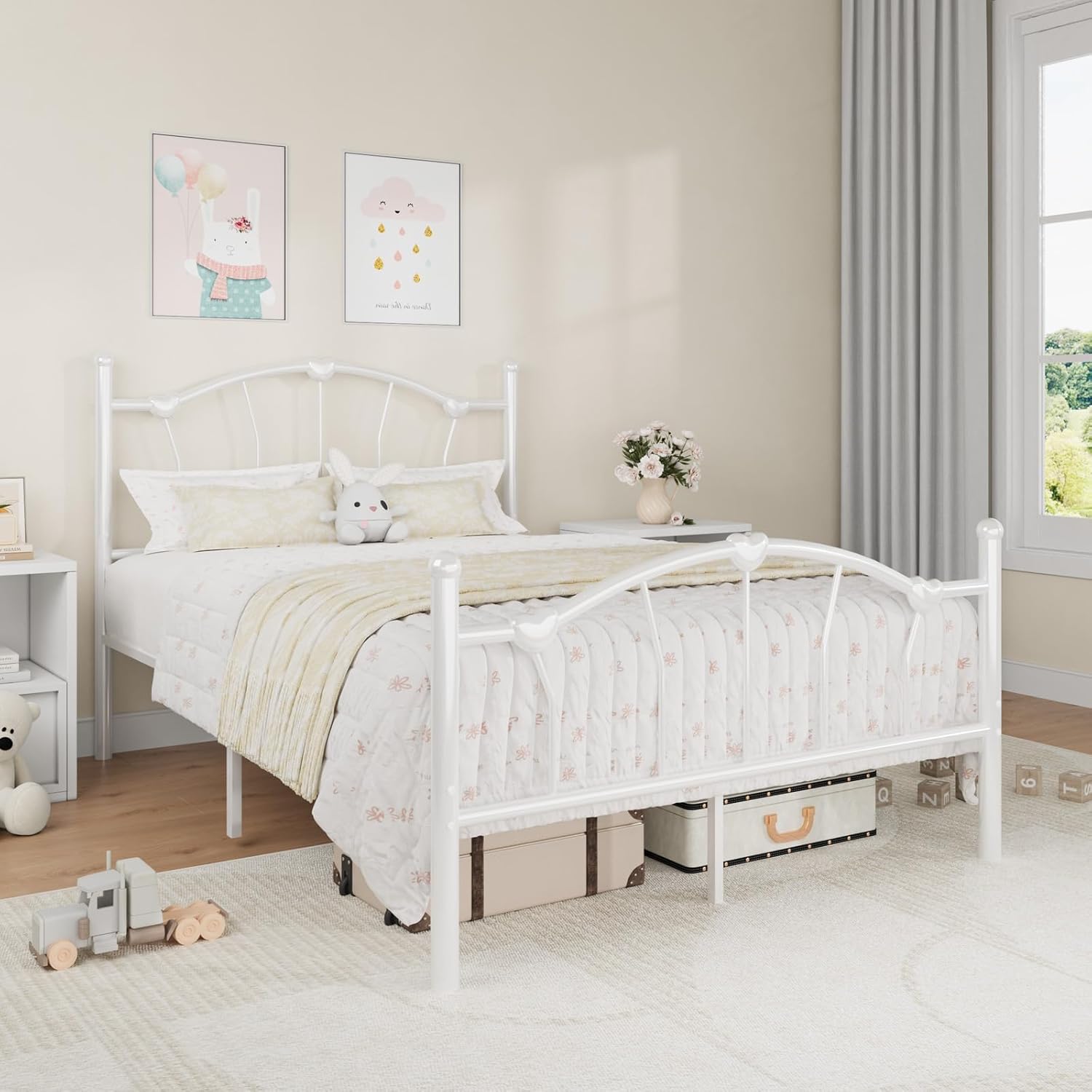 Twin Size Bed Frame, Twin Bed Frames with Headboard, Girls Bed Frame, Heart-Shaped Decorative Headboard and Footboard, Heavy Duty Metal Slat Support, No Box Spring Needed, White - Image 8