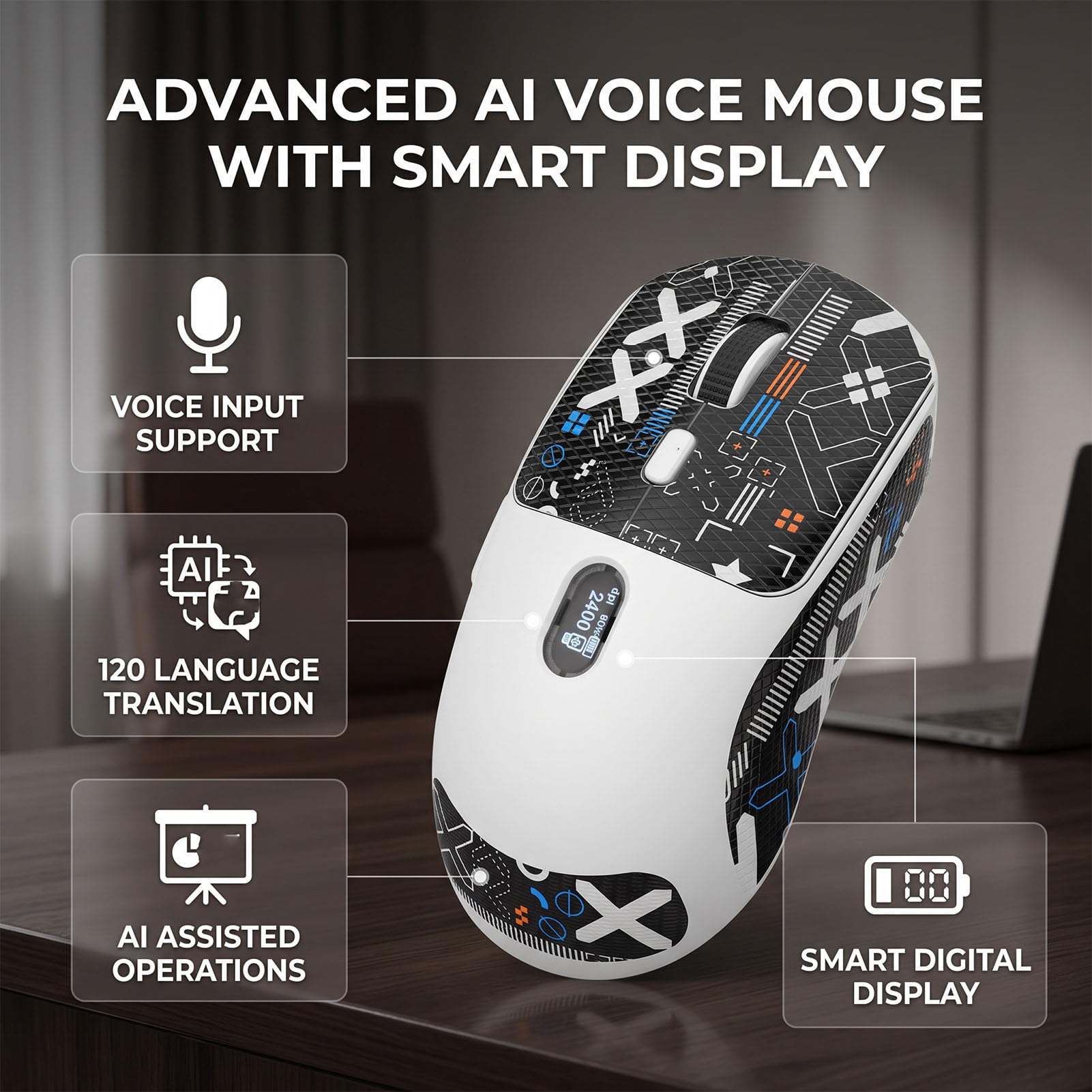 Souris Vocale AI, 120 Langues, Batterie Rechargeable 600 MAh