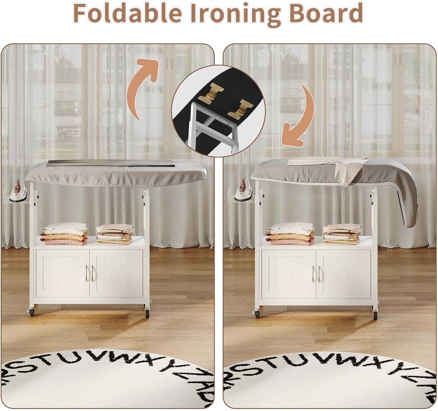 Height-Adjustable Ironing Station, Fold Out Ironing Board with Storage, Ironing Board Cart with Heat-Resistant Pad, Iron Holder and Large Cabinet