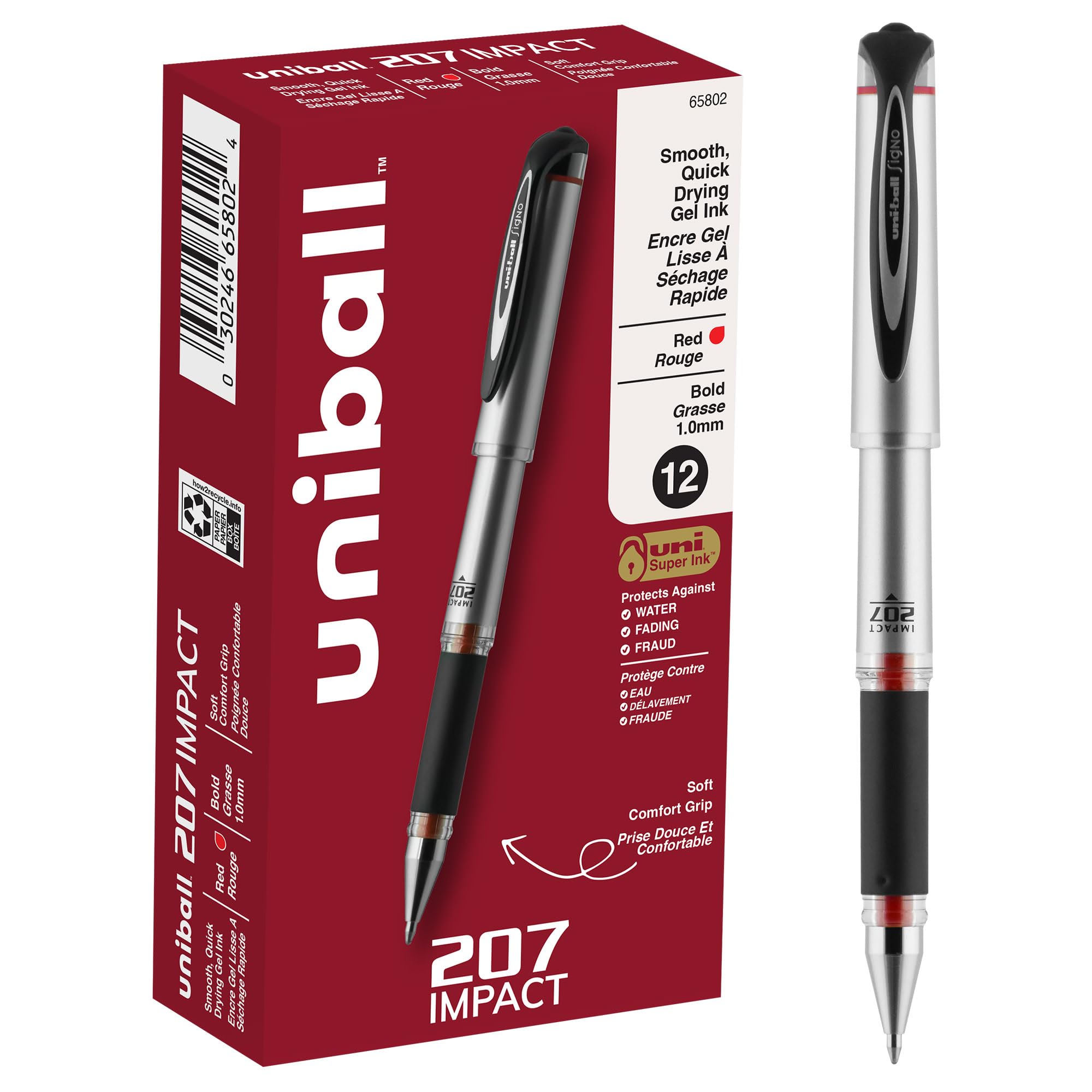 uniball 207 Impact Gel Pens, Bold Point (1.0mm), Red, 12 Pack