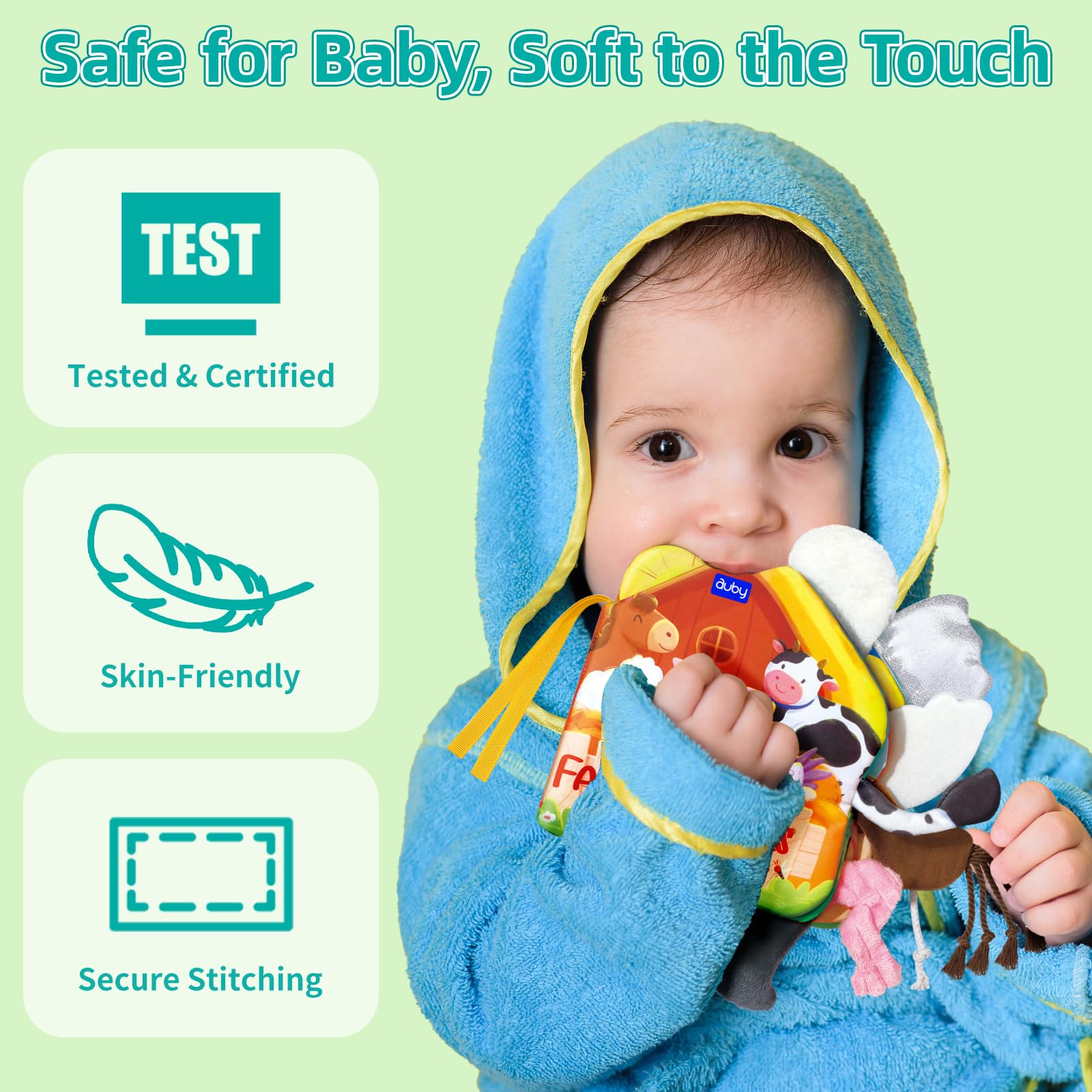 auby 3PCS Livre Tissu 0-12 Mois - Livres d'Éveil Interactifs à Queues 3D Texturées, Thèmes Animaux & Fruits, Jouets Eveil pour Bébés, Lavables en Machine, Cadeau Naissance Fille Garçon