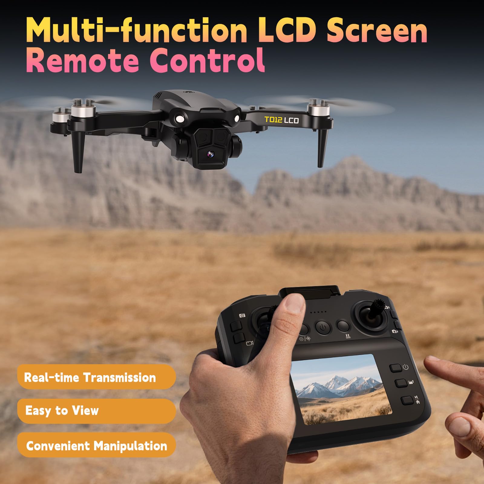 Toladrone TD12LCD Drone con Fotocamera per Adulti, Droni con Motore Brushless, Telecomando con Schermo LCD, Trasmissione in Tempo Reale, Drone Quadricottero Pieghevole per Principianti
