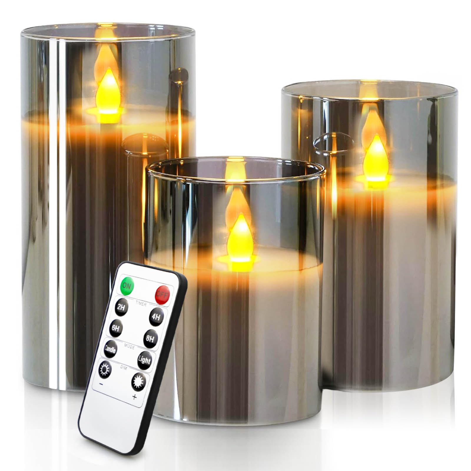Led Flameless Candles, Battery Operated Flickering Candles Pillar Real Wax Moving Flame Electric Candle Sets Gold Glass Effect with Remote Timer, 4 in, 5 in, 6 in, Pack of 3 (Grey Glass)