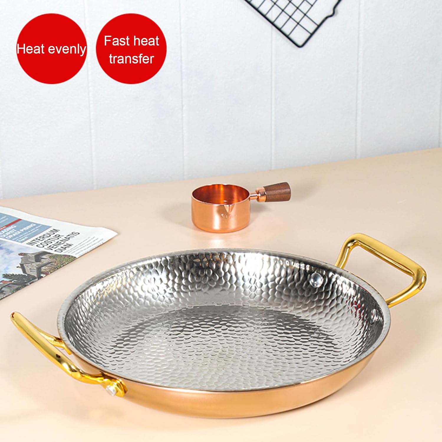 Spanish Paella Pan, Stainless Steel Double Handle Nonstick Skillet for Home Cooking, Dishwasher and Oven Safe, 26cm