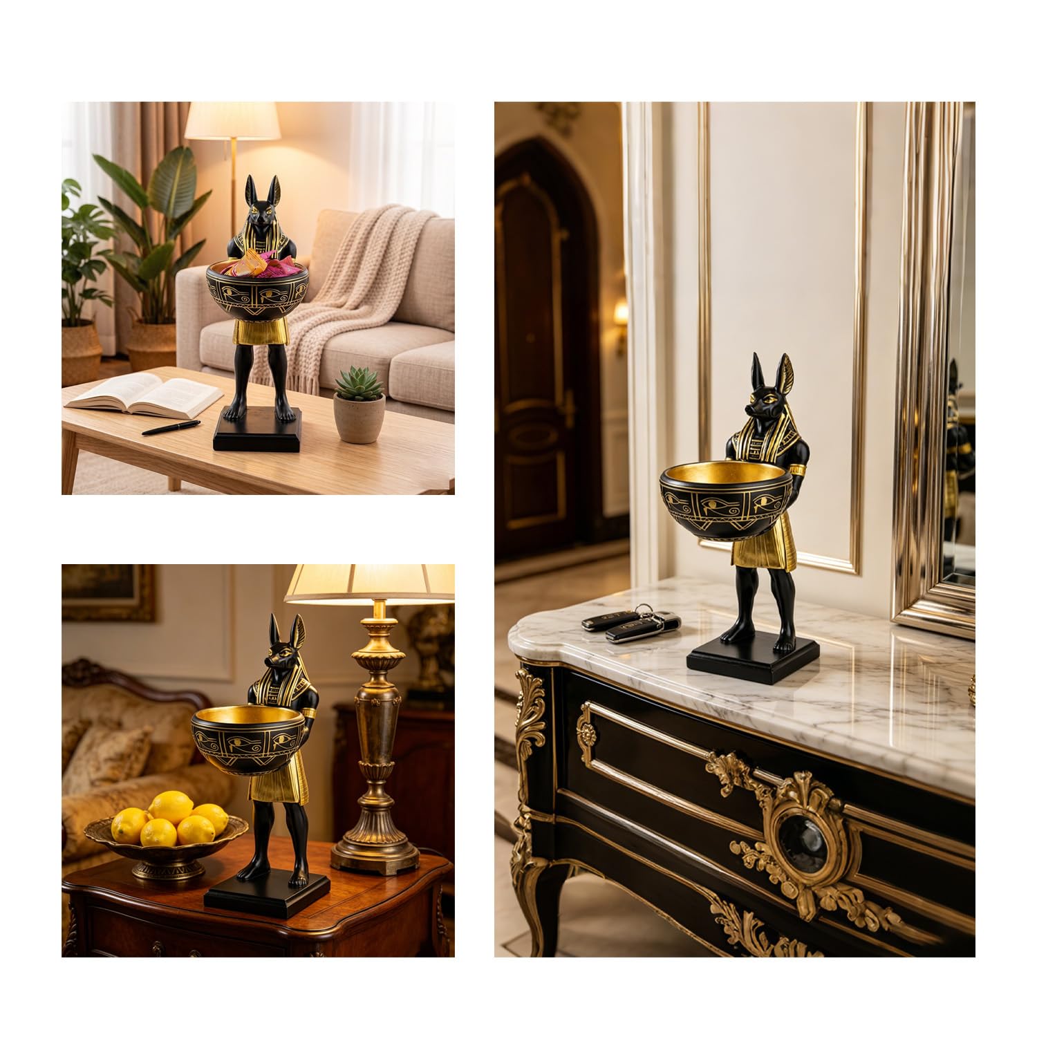 Statue égyptienne d'Anubis en résine avec bol de rangement, figurine décorative mythique noire et dorée, 25 cm de haut, organiseur multifonction pour clés, stylos et petits objets