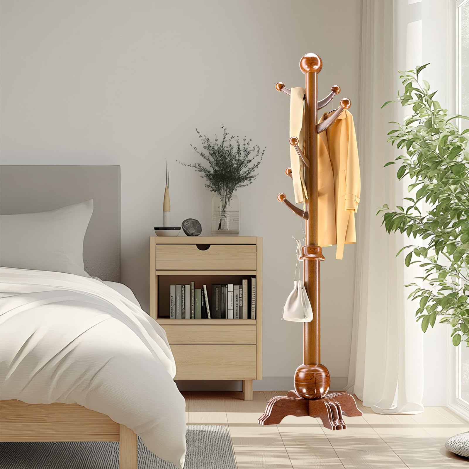 Garderobenständer aus Massivholz mit Vierfüßiges Gestell, Garderobe in Baumform mit 6 CM Dickerer Hauptpol, Jackenständer mit 7 Haken, für Jacken, Mäntel, Taschen, Schals