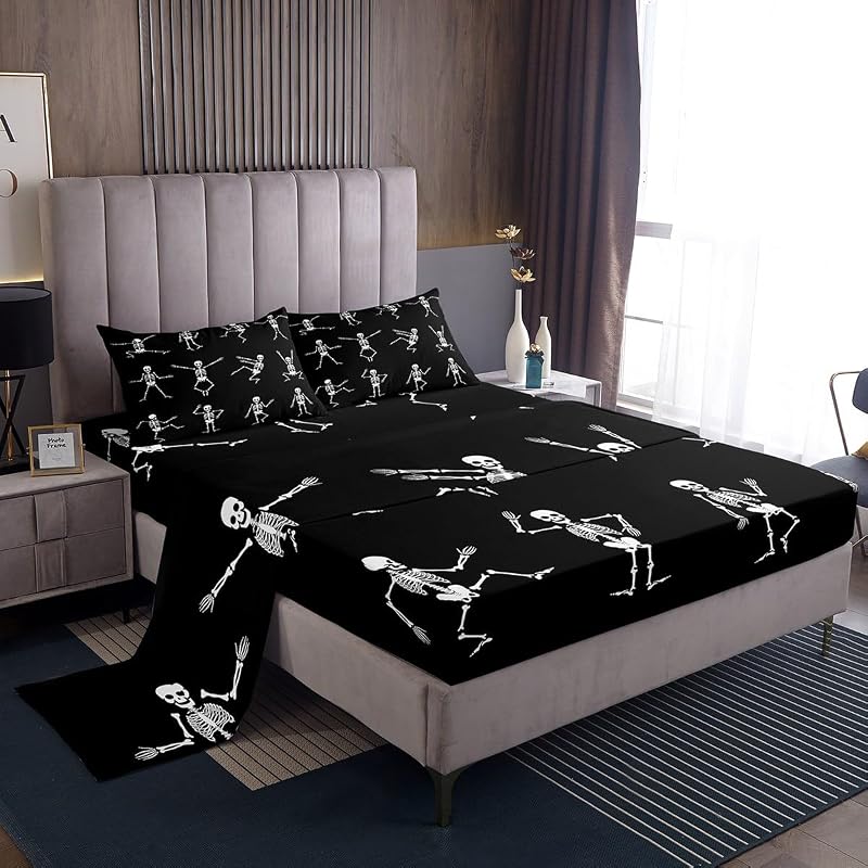 Sugar Skull Sheet Set Twin Size Skeleton Bones Bedding Set for Kids Boys Girls Teens Adult Halloween Horror Theme Fitted Sheet Gothic Spooky Bed Sheets 3 Pieces with 1 Pillow Case