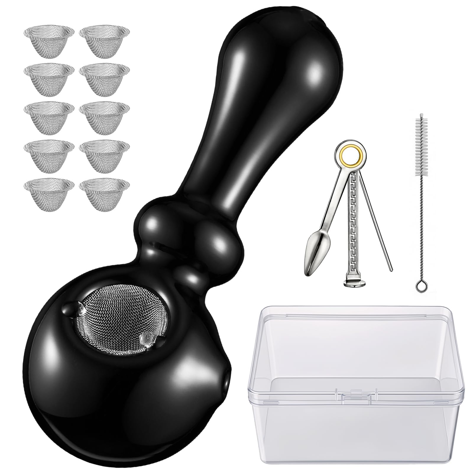 LIVBTS Handcrafted Glass Spoon Pipe – Compact 11 cm Tobacco Pipe with Airflow Hole, Stainless Steel Screens, Cleaning Brush & 3-in-1 Tool, Travel Storage Box Included(Black)