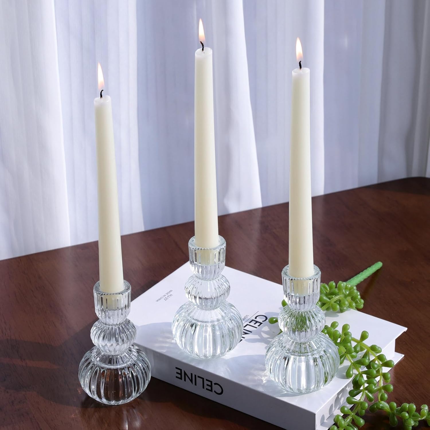 Woho Portavelas transparentes de 4.3 pulgadas de alto, juego de 3 para mesa de boda, candelabros de vidrio acanalado para decoración diaria del