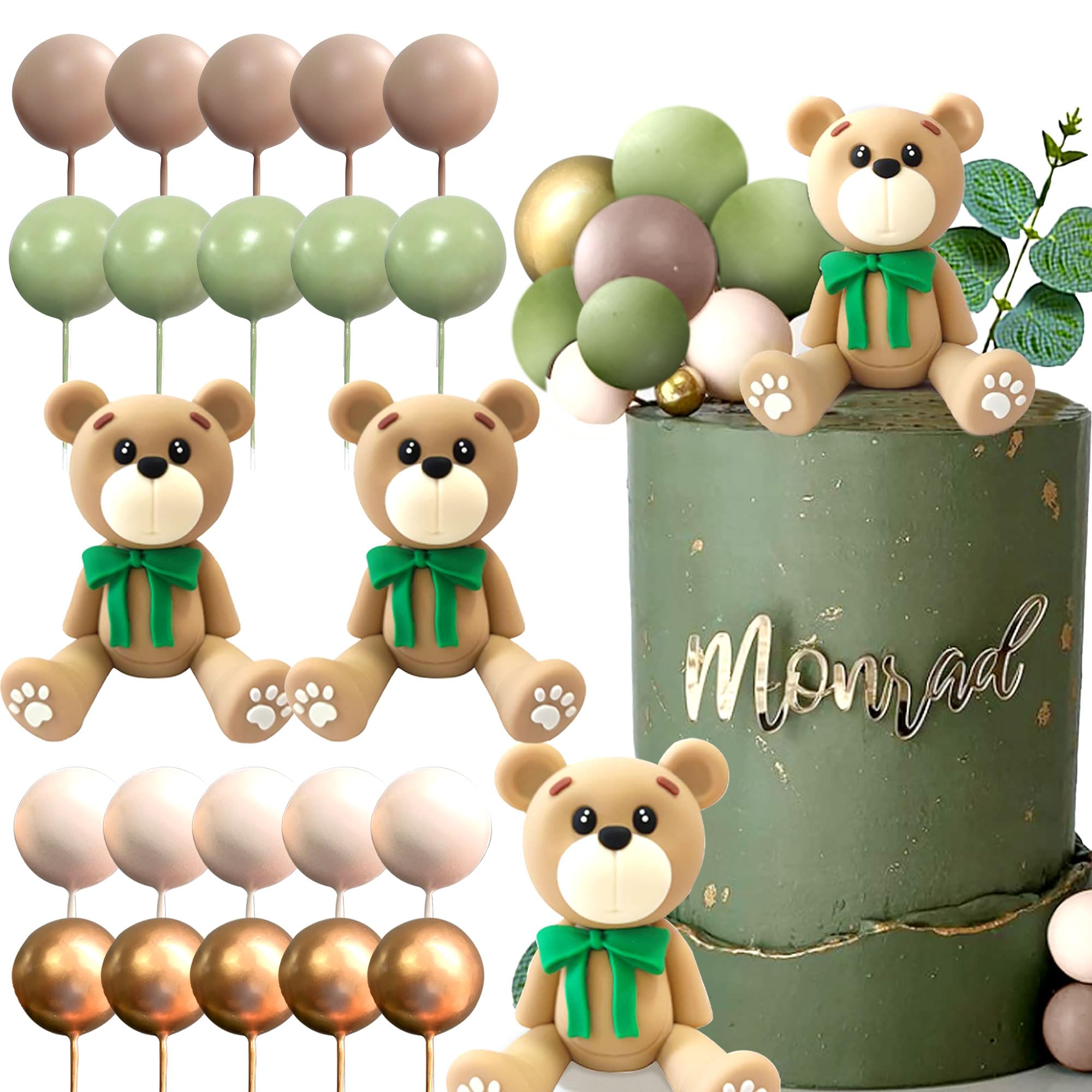 JeVenis Déco Gâteau Gender Reveal Ourson - Topper Teddy Bear + 20 Boules, Pour Baby Shower, Anniversaire Ourson, Fête Thème Bois